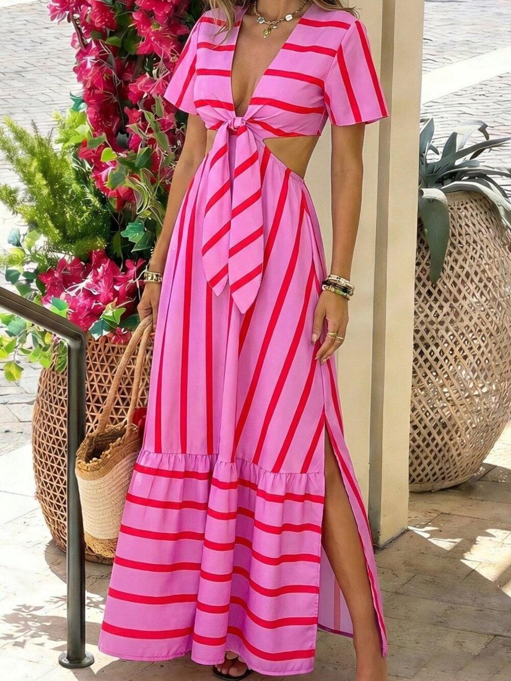 Multicolor Elegant Women's V-Neck Tie Waist A-Line Slit Dress